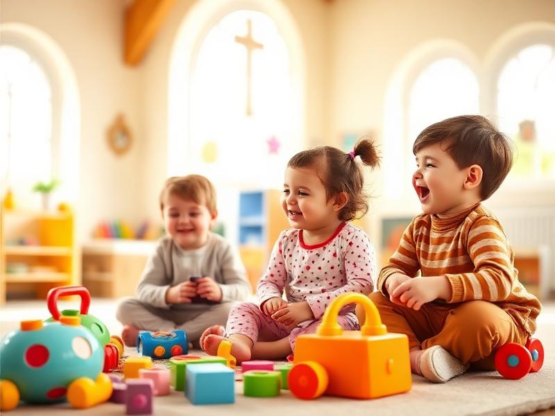 Children playing in a bright church nursery