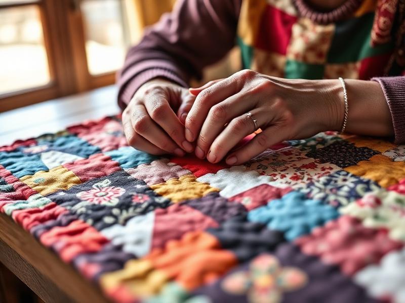Hands stitching a colorful patchwork quilt