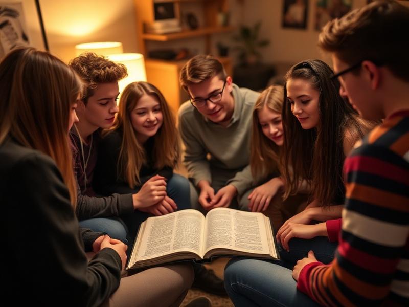 Teenagers gathered around an open Bible